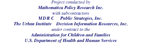 Project conducted by Mathematica Policy Research, Inc.
With subcontractors Manpower Demonstration Research Corporation, Public Strategies, Inc., The Urban Institute, Decision Information Resources, Inc. Under contract to the Administration for Children and Families U.S. Department of Health and Human Services
